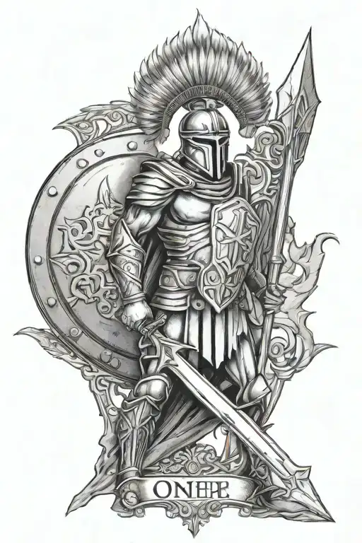full body spartan with a spear and a shield with a cross on it with the words one more step tattoo design idea