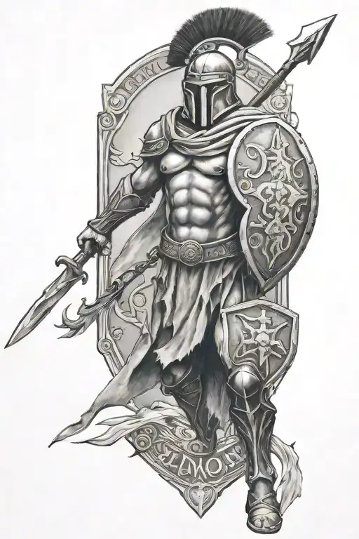 full body spartan with a spear and a shield with a cross on it with the words one more step tattoo design idea