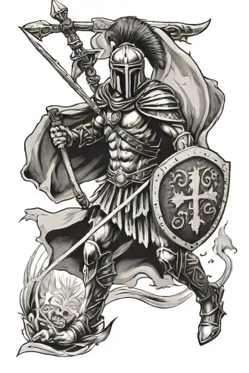 full body spartan with a spear and a shield with a cross on it with the words one more step tattoo design idea