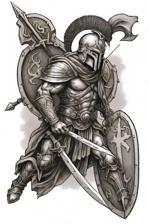 full body spartan with a spear and a shield with a cross on it with the words one more step tattoo design idea