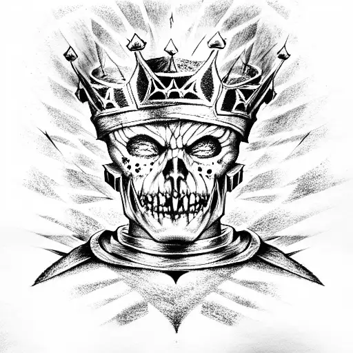 eddie from iron maiden with a crown on his head and shadows in the background tattoo design idea
