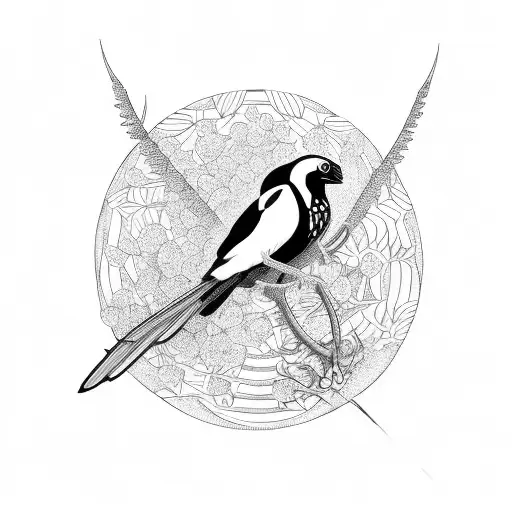 A graceful magpie perched on a stack of books, surrounded by spider lilies tattoo design idea