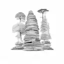 A mystical forest with ancient trees, where each tree trunk is a stack of books, showcasing the beauty of knowledge tattoo design idea