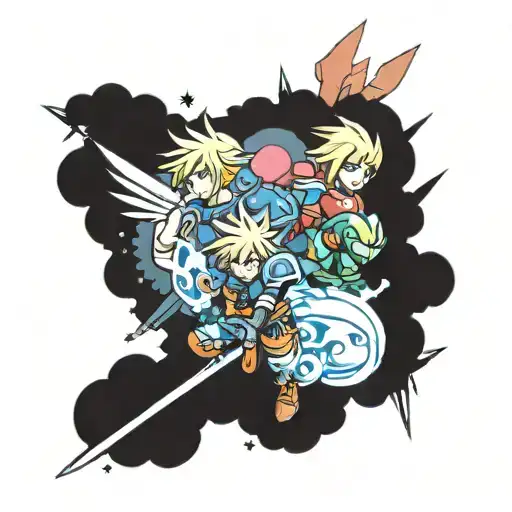 cloud from final fantasy 7 with Kirby, samus from Metroid and link from legend of Zelda  tattoo design idea