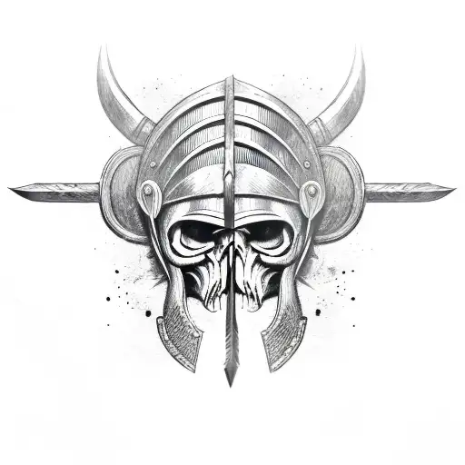 Viking skull with helmet and hatchets tattoo design idea