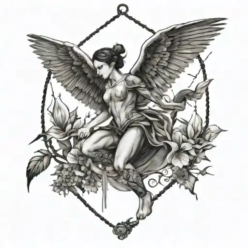 an acrobat waking on a tight rope. has broken wings. there is also a little bird above them. the bird is wounded and ble tattoo design idea