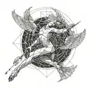 an acrobat waking on a taut thightrope. has broken wings. there is also a wounded bleeding bird.  tattoo design idea