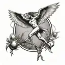 an acrobat waking on a tight rope. has broken wings. there is also a little bird above them. the bird is wounded and ble tattoo design idea