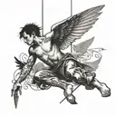 an acrobat waking on a tight rope. has broken wings. there is also a little bird above them. the bird is wounded and ble tattoo design idea