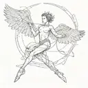 an acrobat waking on a taut thightrope. has broken wings. there is also a small wounded bleeding bird.  tattoo design idea