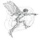 an acrobat waking on a taut thightrope. has broken wings. there is also a small wounded bleeding bird.  tattoo design idea