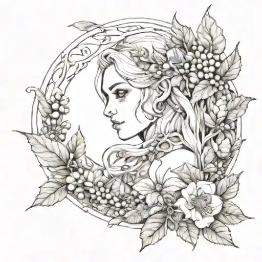 Sketch for a sleeve in a fantasy style. Botany. beautiful elf, berries, snake, forest animal, leaves tattoo design idea