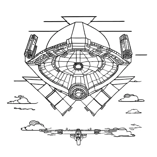 Create a minimalist tattoo of the Starship Enterprise and Millennium Falcon flying together in harmony tattoo design idea