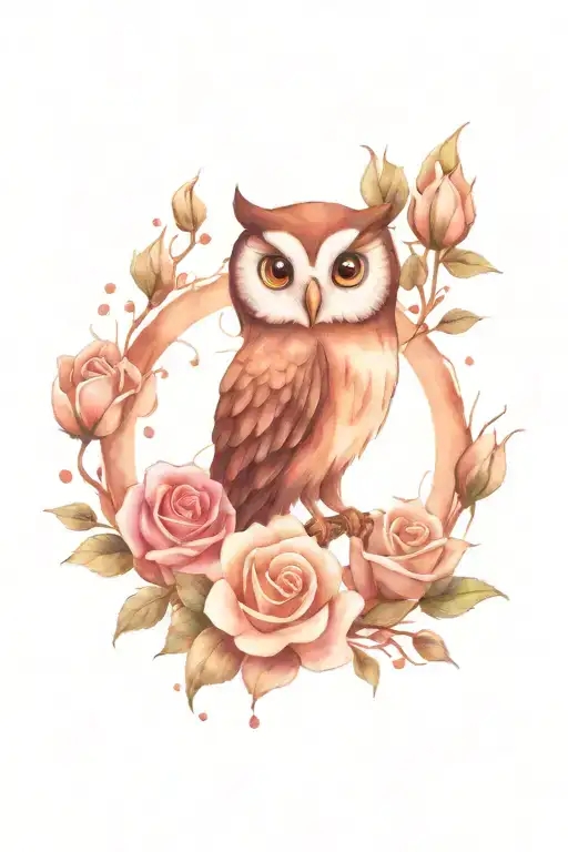 cute owl and rose tattoo design idea