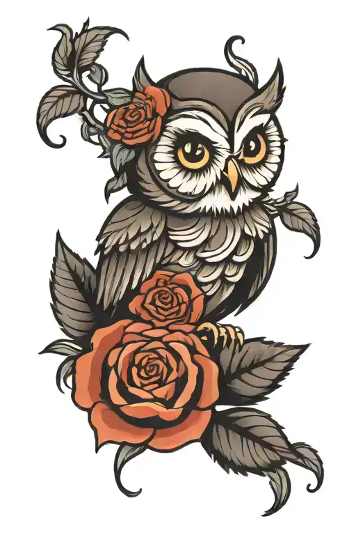 cute owl and rose tattoo design idea