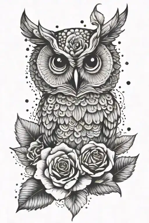 cute owl and rose tattoo design idea