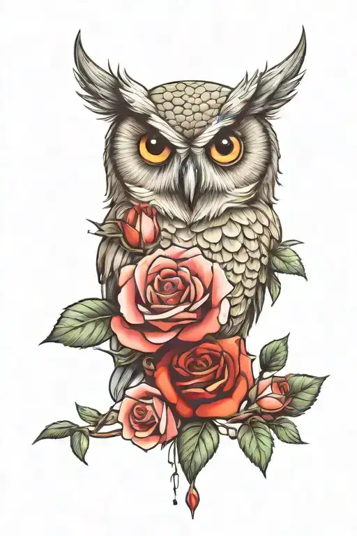 cute owl and rose tattoo design idea