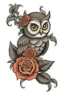 cute owl and rose tattoo design idea