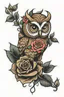 cute owl and rose tattoo design idea