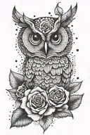 cute owl and rose tattoo design idea
