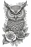 cute owl and rose tattoo design idea