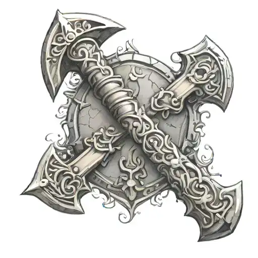 A realistic depiction of an axe embedded in a mythical stone, with Welsh dragon motifs carved into the handle, blending the client's interests in construction and mythology tattoo design idea