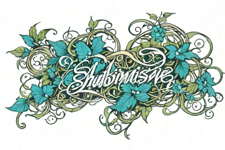 the writing "submissive for M" wrapped in vines tattoo design idea