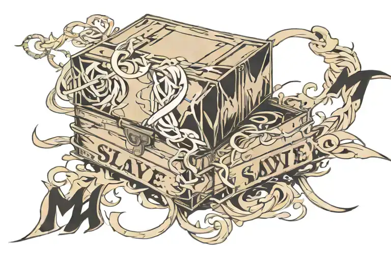 the writing "Slave for M" in a box tattoo design idea