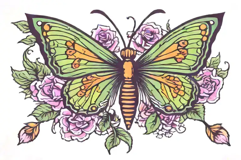 American traditional style tattoo of a butterfly with the main color being green with purple as an accent color  tattoo design idea