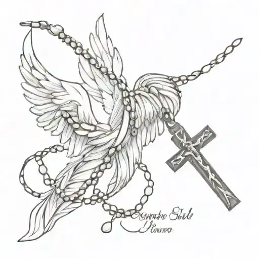 angel wings wrapped in the rosary cross, and the quote "lascialo stare" tattoo design idea