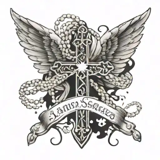 angel wings wrapped in the rosary cross, and the quote "lascialo stare" tattoo design idea