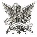 angel wings wrapped in the rosary cross, and the quote "lascialo stare" tattoo design idea