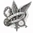 angel wings wrapped in the rosary cross, and the quote "lascialo stare" tattoo design idea