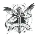 angel wings wrapped in the rosary cross, and the quote "lascialo stare" tattoo design idea