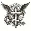 angel wings wrapped in the rosary cross, and the quote "lascialo stare" tattoo design idea