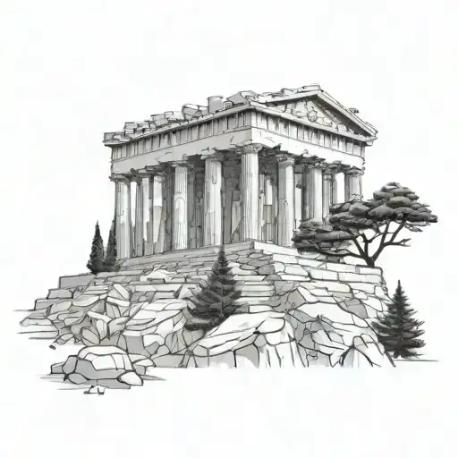 Acropolis and pine trees on mid upper arm tattoo design idea