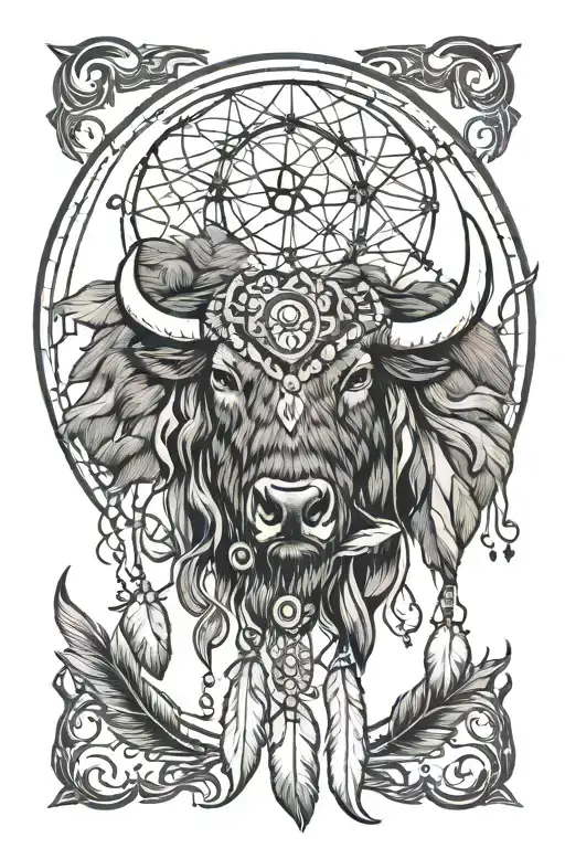 dream catcher and bison head profile tattoo design idea