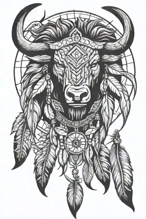 dream catcher and buffalo head surrounded tattoo design idea