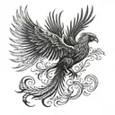 A phoenix with outstretched wings and a tail that wraps around the leg in blackwork style tattoo design idea