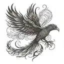 A phoenix with outstretched wings and a tail that wraps around the leg in blackwork style tattoo design idea