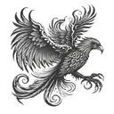 A phoenix with outstretched wings and a tail that wraps around the leg in blackwork style tattoo design idea