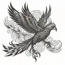 A phoenix with outstretched wings and a tail that wraps around the leg in blackwork style tattoo design idea