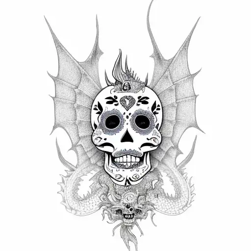 A Day of the Dead themed dragon with intricate sugar skull patterns tattoo design idea
