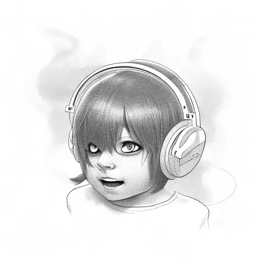 A nervous child lapping up soundwaves in a black-grey style tattoo design idea