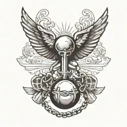 Cross with wings and a ball and chain wrapped at the bottom that has been broken off  tattoo design idea
