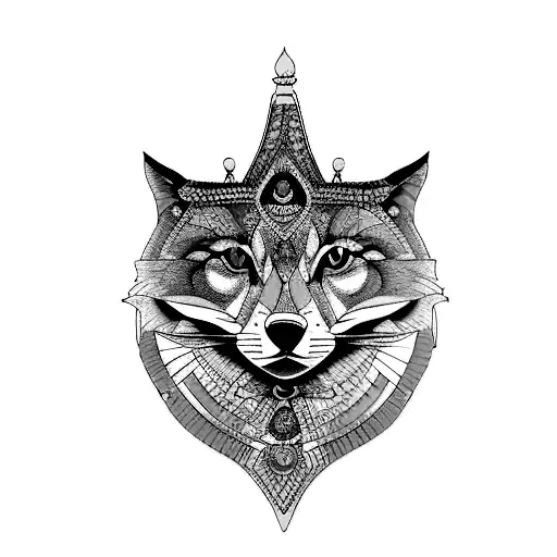 Chat coiffer de plume d indien en premier plan un loup en arrière plan à gauche un papillon en couleur au dessus tattoo design idea