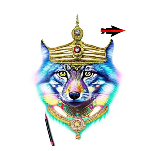 Chat coiffer de plume d indien en premier plan un loup en arrière plan à gauche un papillon en couleur au dessus tattoo design idea