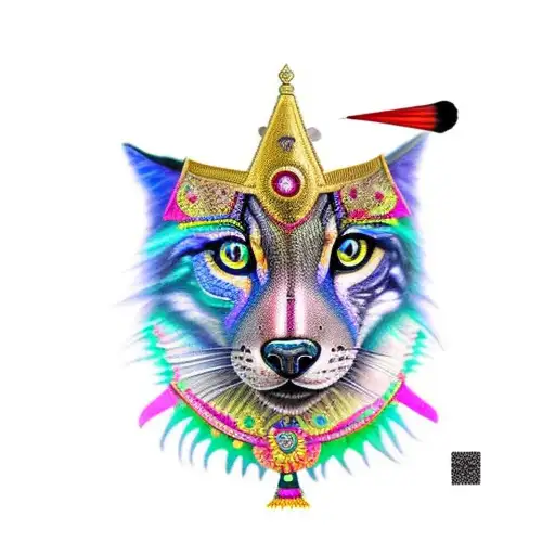 Chat coiffer de plume d indien en premier plan un loup en arrière plan à gauche un papillon en couleur au dessus tattoo design idea