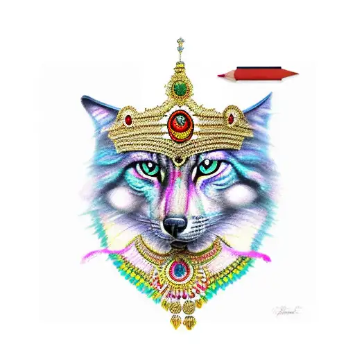 Chat coiffer de plume d indien en premier plan un loup à gauche un papillon en couleur au dessus tattoo design idea