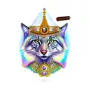 Chat coiffer de plume d indien en premier plan un loup en arrière plan à gauche un papillon en couleur au dessus tattoo design idea